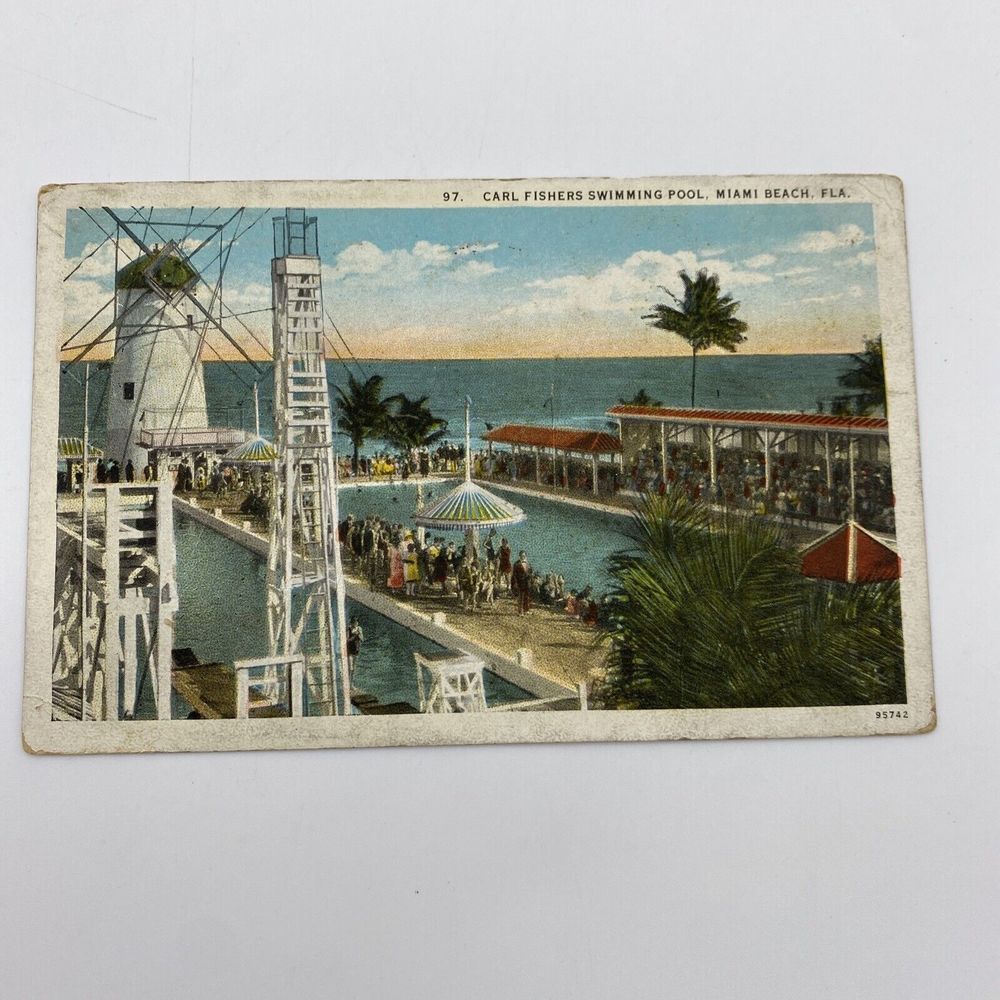 Vintage Miami Beach FL Postcard Carl Fishers Swimming Pool Posted 1929 Oceanview